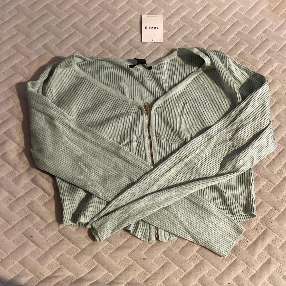 Forever 21 Green Ribbed Cropped Zip Up Long Sleeve Top Size Large